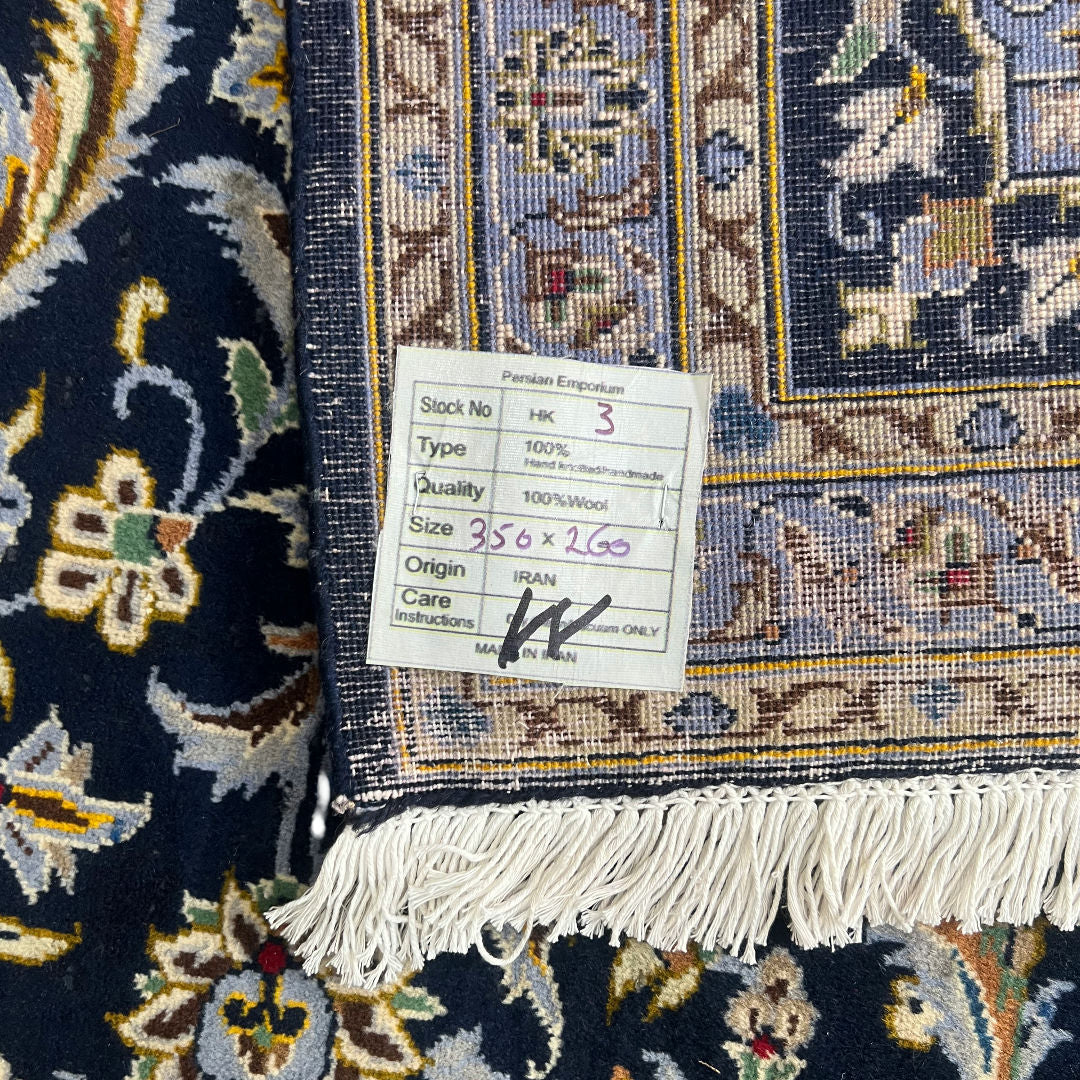 350 x 260 cm Hand-Knotted Navy & Cream Kashan Wool Rug