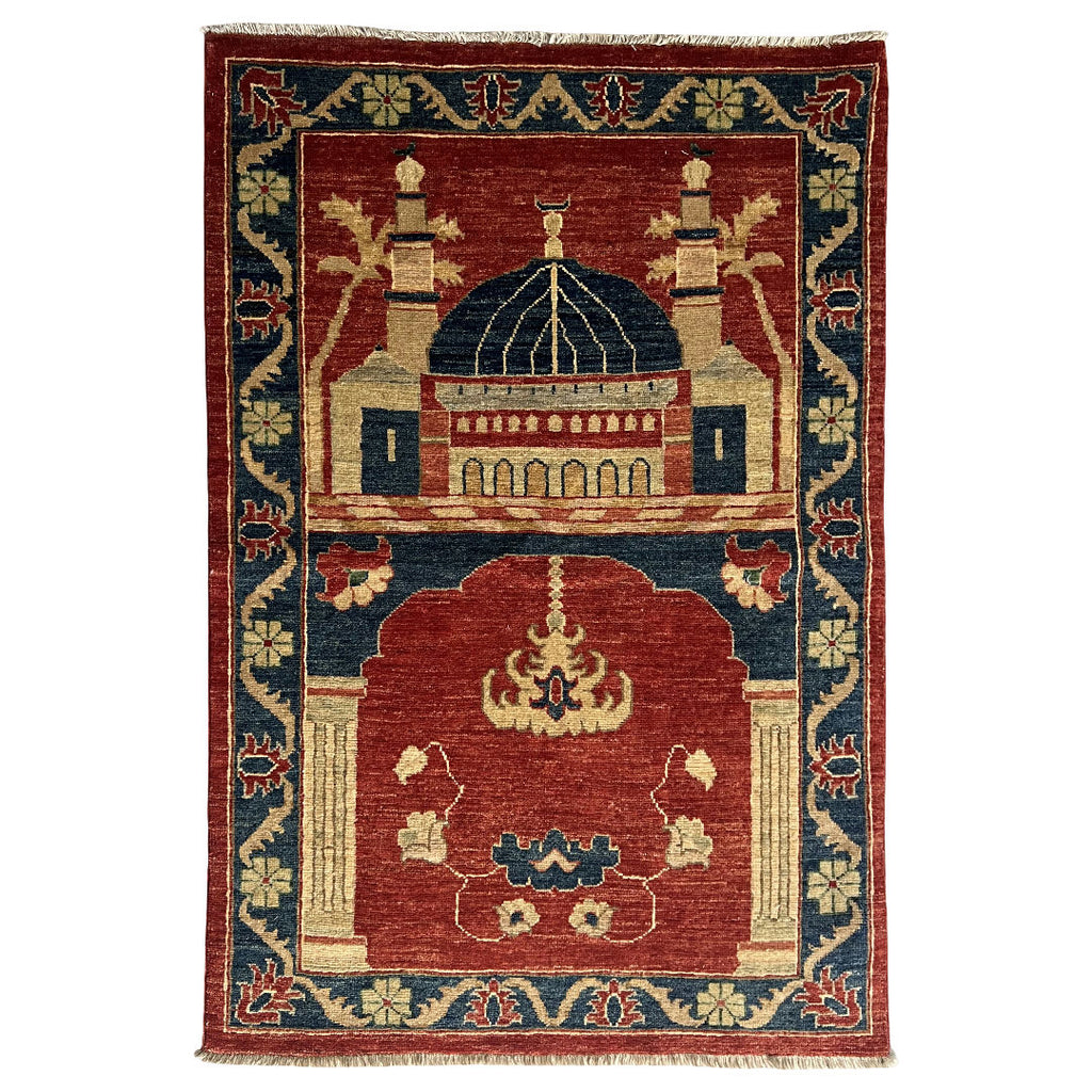 133 x 90 cm Hand-Knotted Afghan Chobi Muslim Prayer Matt – Wool Rug