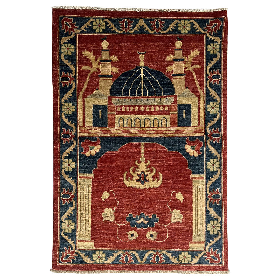 133 x 90 cm Hand-Knotted Afghan Chobi Muslim Prayer Matt – Wool Rug