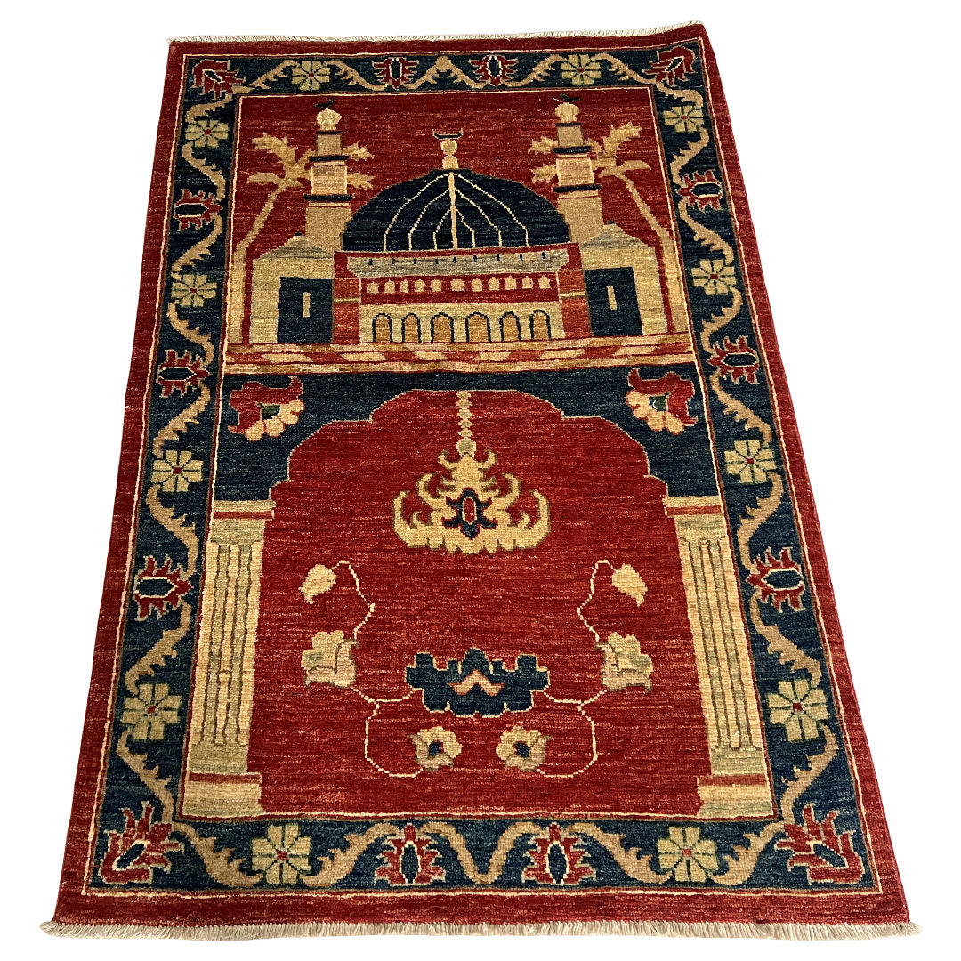133 x 90 cm Hand-Knotted Afghan Chobi Muslim Prayer Matt – Wool Rug