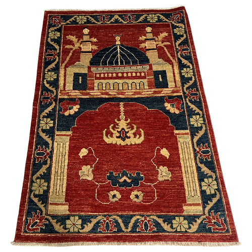 133 x 90 cm Hand-Knotted Afghan Chobi Muslim Prayer Matt – Wool Rug