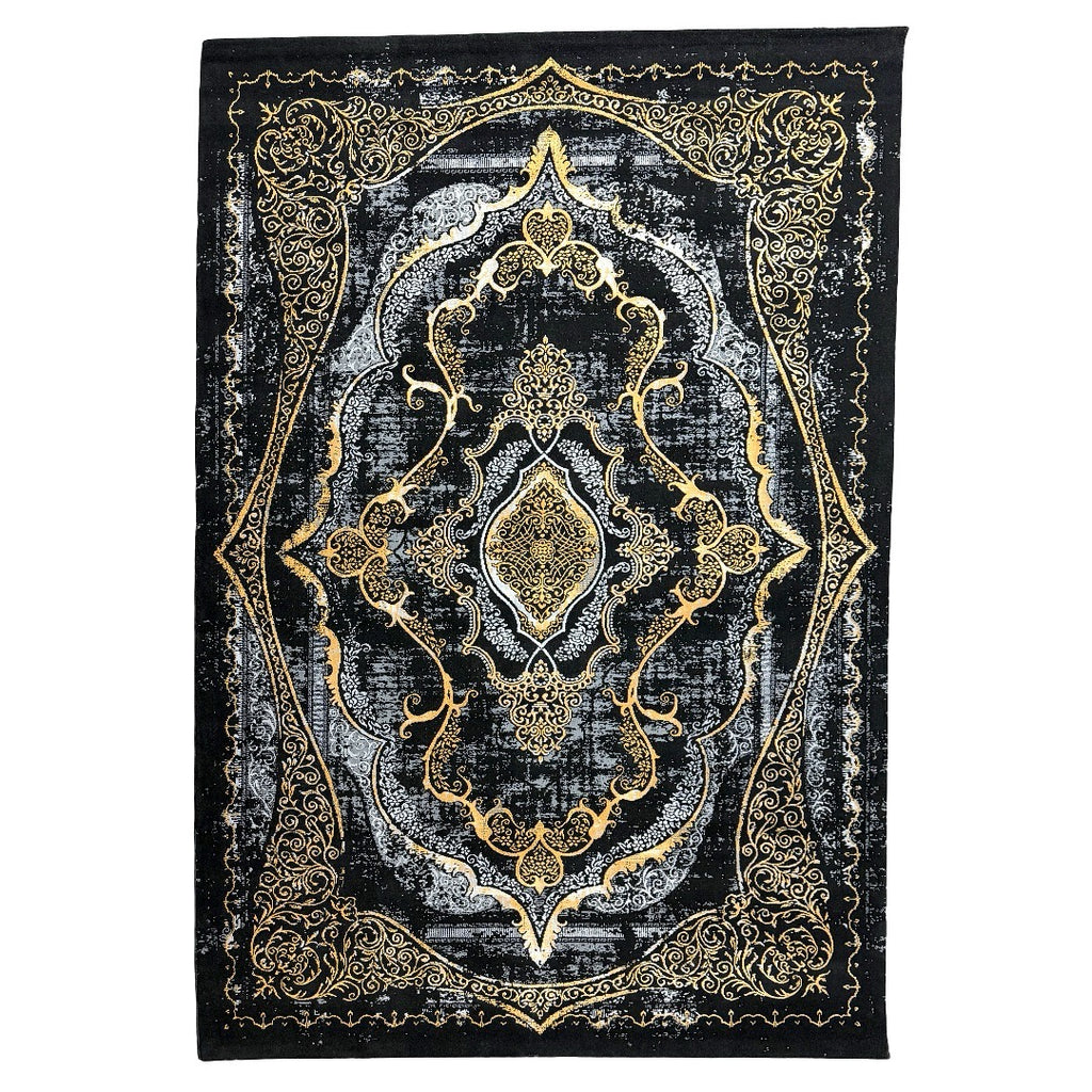 230 x 160 cm Black & Gold Distressed Medallion Fringeless Persian Style Rug