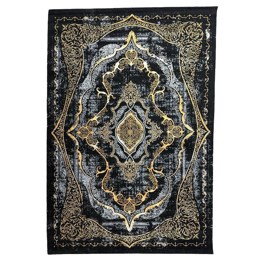230 x 160 cm Black & Gold Distressed Medallion Fringeless Persian Style Rug