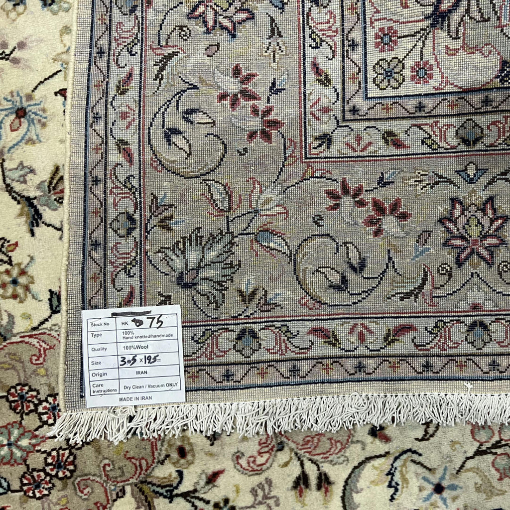 305 x 195 cm Hand-Knotted Persian Floral Kashan Cream Rug