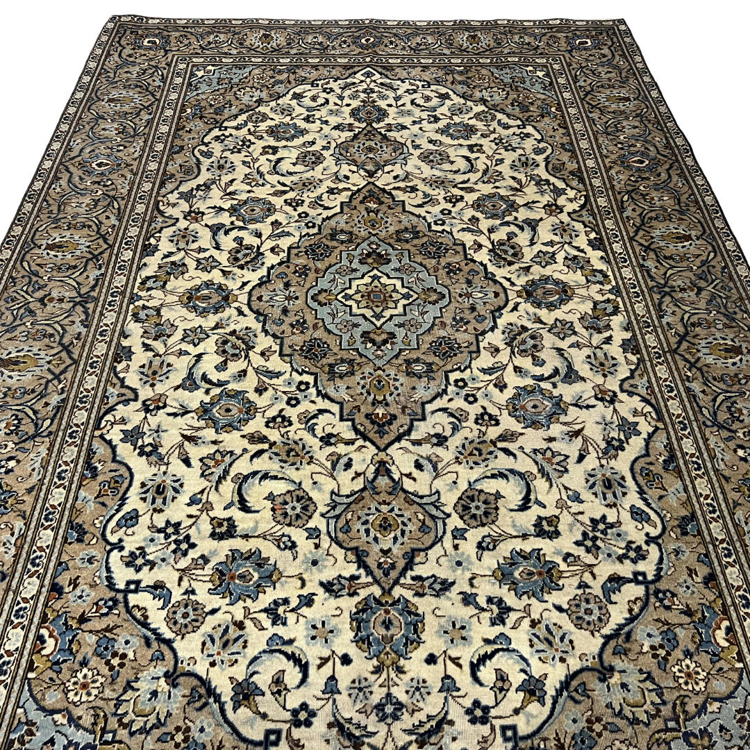 290 x 190 cm Hand-Knotted Persian Vintage Classic Ivory Kashan Rug