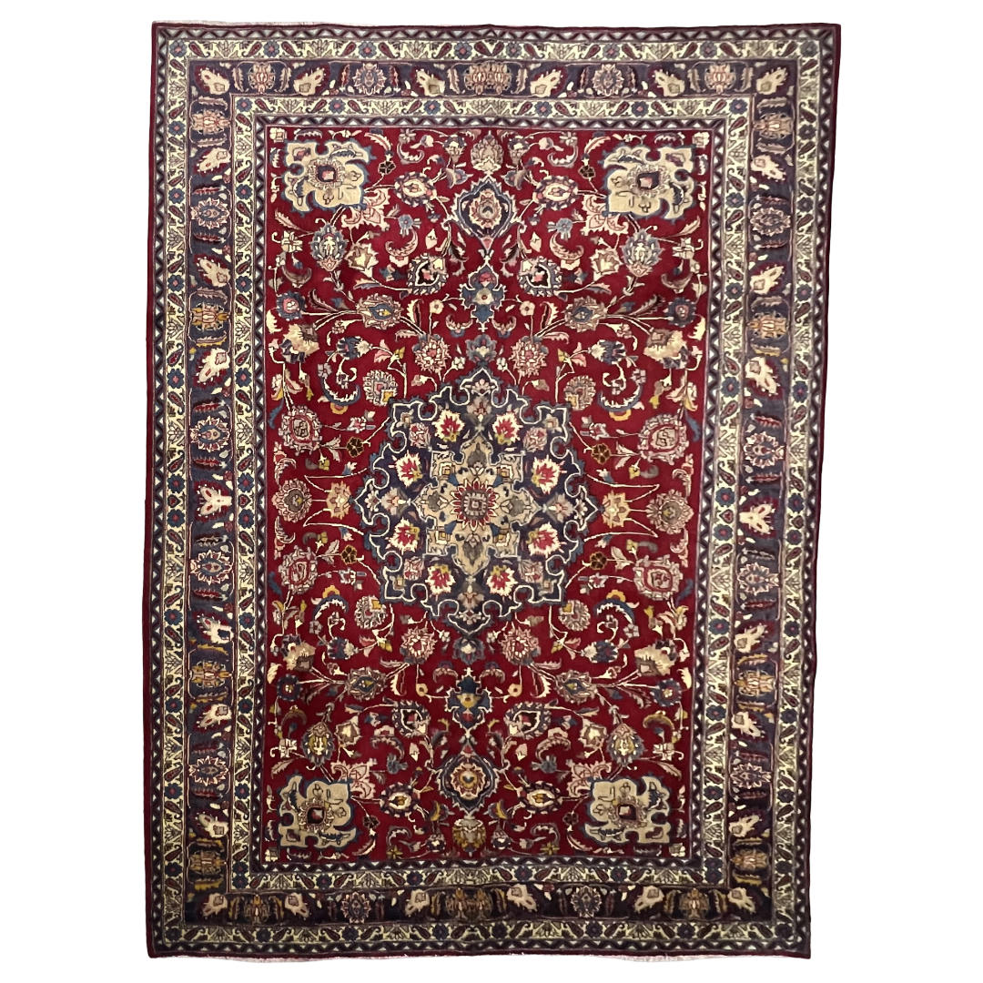 295 x 195 cm Hand-Knotted Persian Floral Mashad Wool Rug