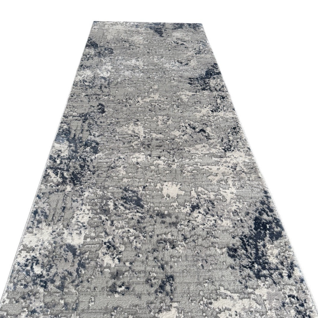 300 x 80 cm Silver grey & Navy Abstract Runner Rug