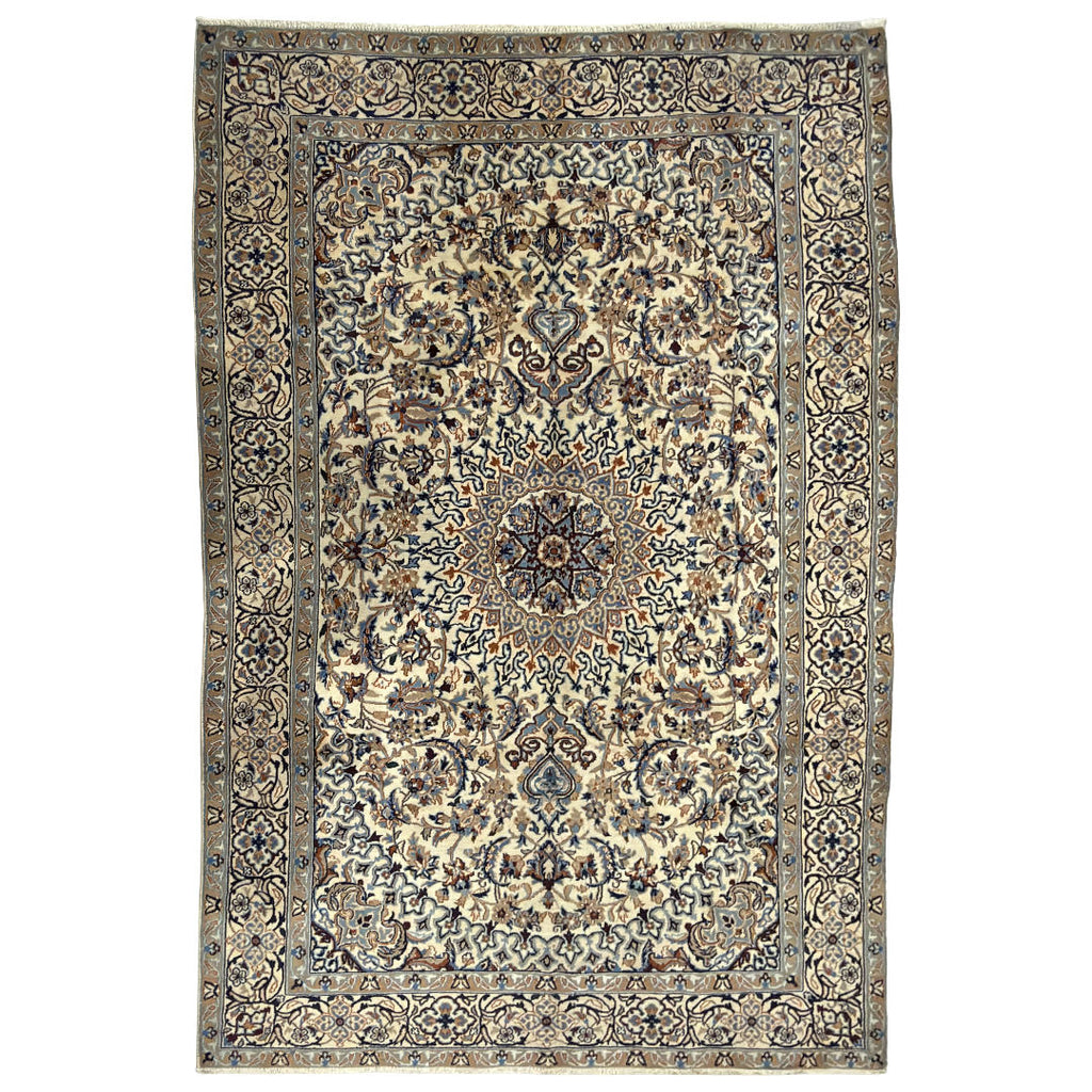 290 x 190 cm Hand Knotted Persian Nain Rug – Ivory & Blue Floral Medallion