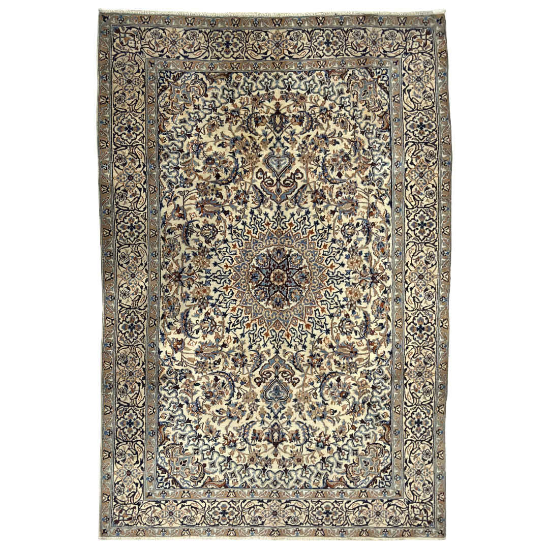 290 x 190 cm Hand Knotted Persian Nain Rug – Ivory & Blue Floral Medallion