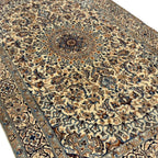290 x 190 cm Hand Knotted Persian Nain Rug – Ivory & Blue Floral Medallion