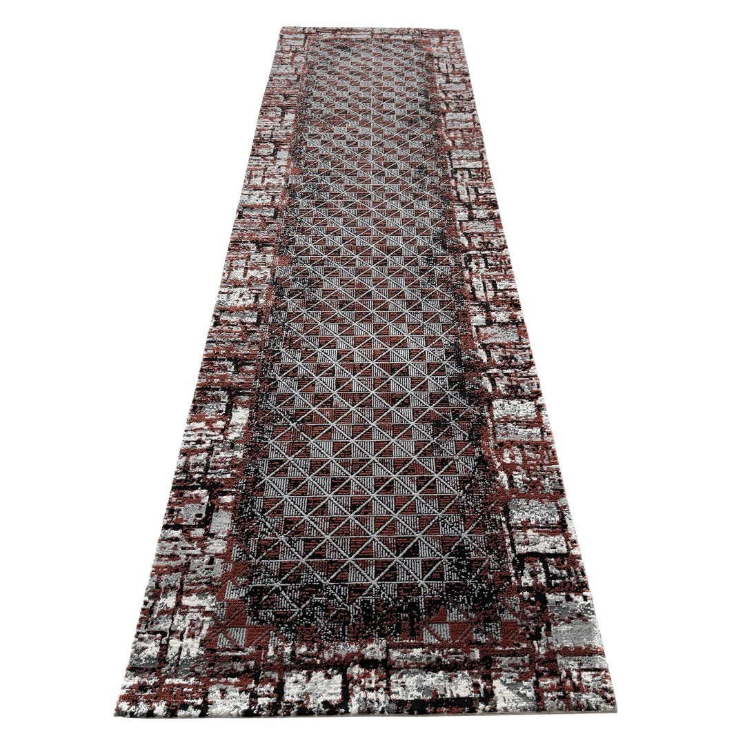 290 x 80 cm Industrial Red & Grey Geometric Panel Turkish Runner Rug