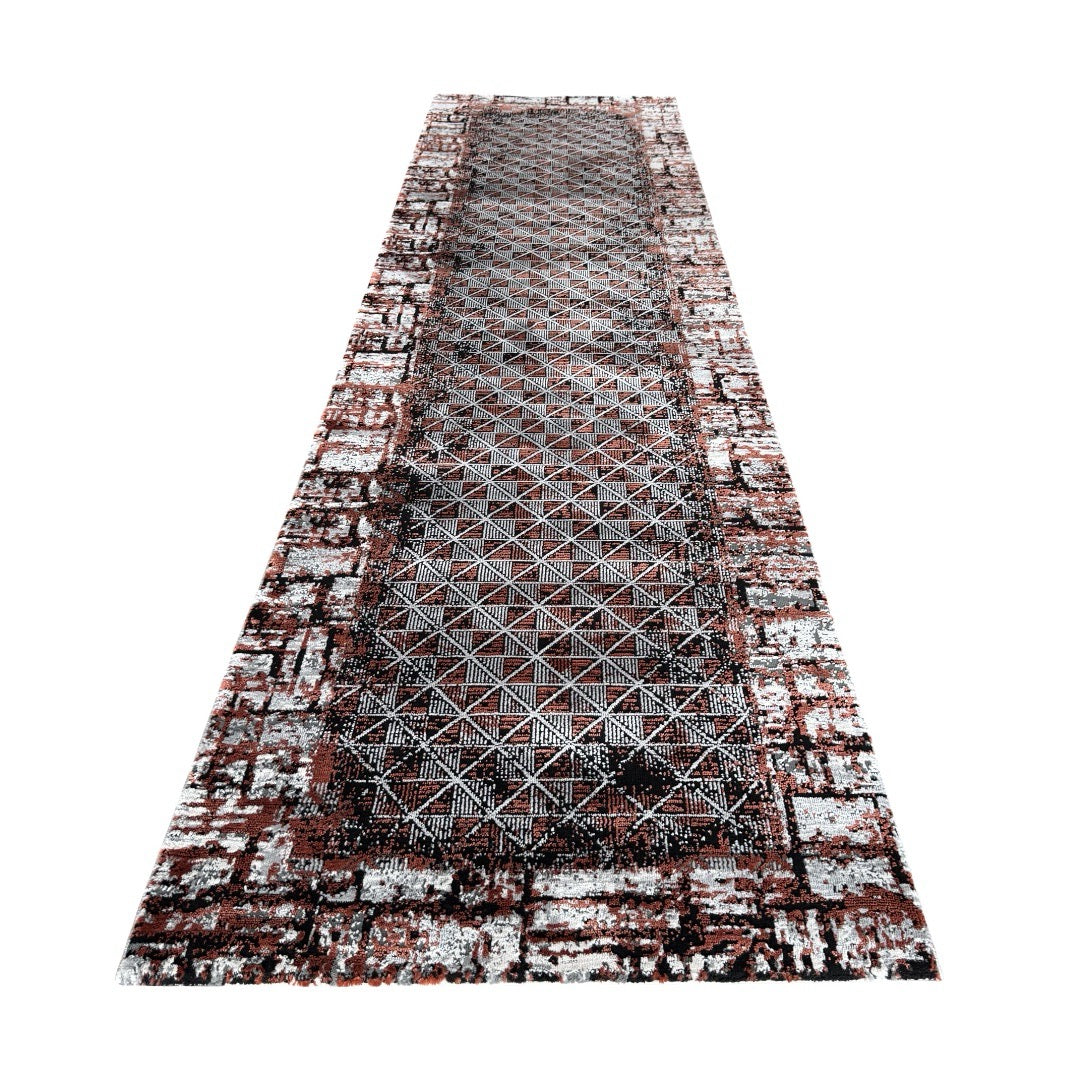 290 x 80 cm Industrial Red & Grey Geometric Panel Turkish Runner Rug