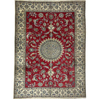 333 x 244 cm Fine Persian Silk Nain Nohla Rug – Red Field with Ivory & Blue Medallion