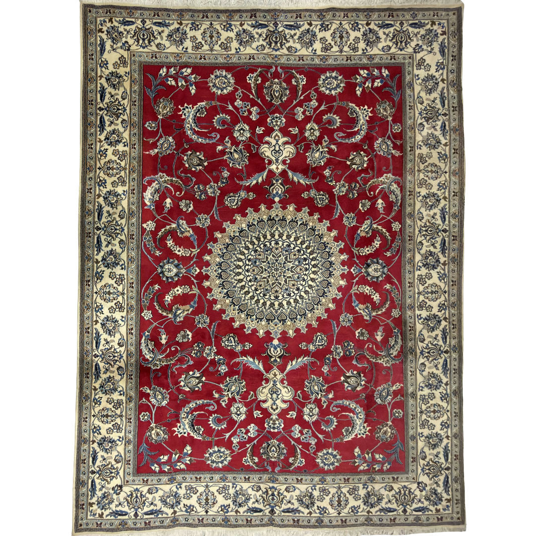 333 x 244 cm Fine Persian Silk Nain Nohla Rug – Red Field with Ivory & Blue Medallion