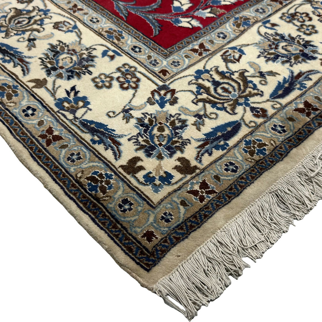 333 x 244 cm Fine Persian Silk Nain Nohla Rug – Red Field with Ivory & Blue Medallion