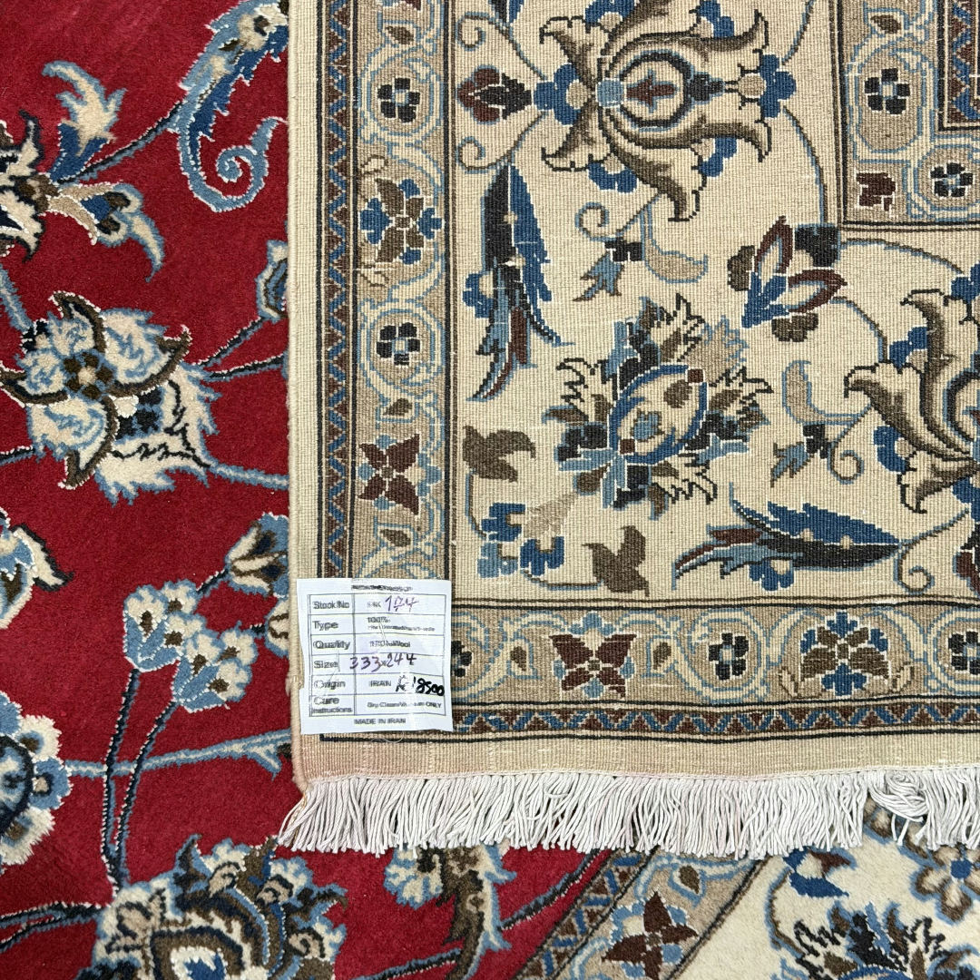 333 x 244 cm Fine Persian Silk Nain Nohla Rug – Red Field with Ivory & Blue Medallion