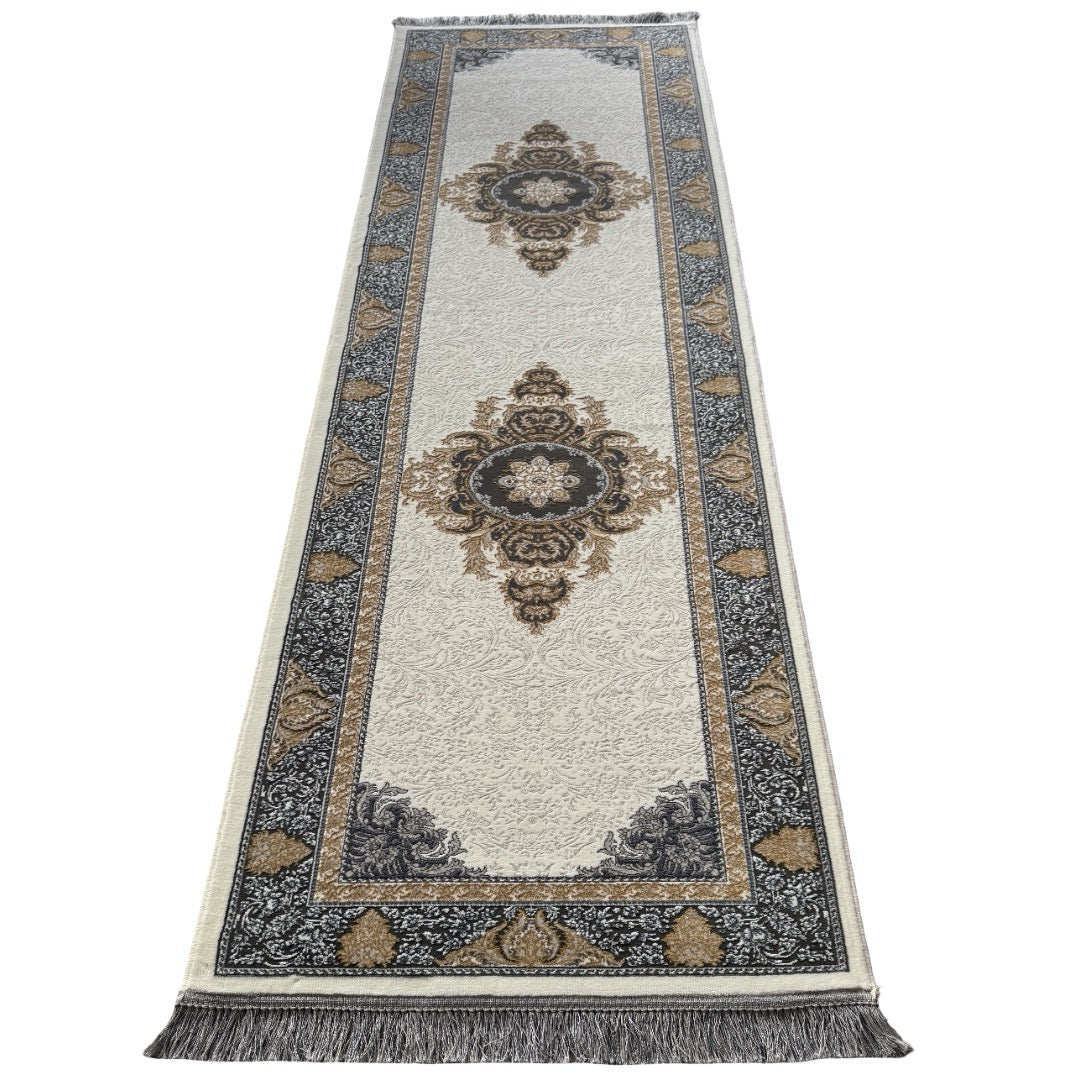 270 x 80 cm Golden Grey Ornate Medallion in Ivory Base Runner Rug