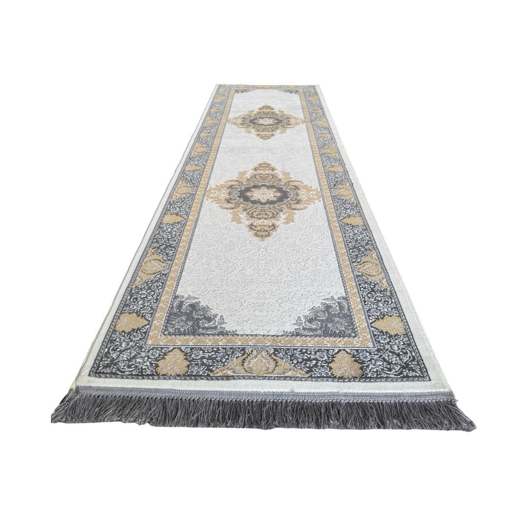 270 x 80 cm Golden Grey Ornate Medallion in Ivory Base Runner Rug