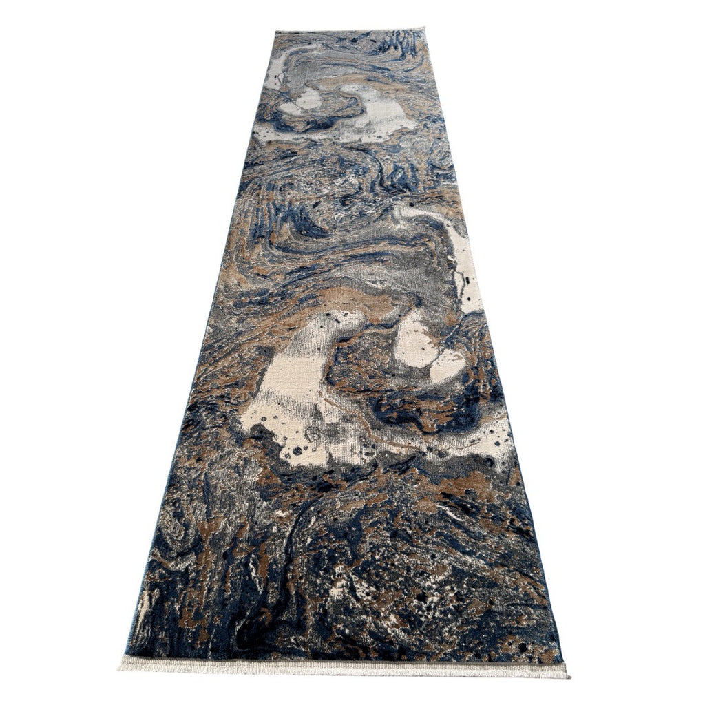 300 x 80 cm Grey, Beige & Navy Marble Flow Abstract Runner Rug