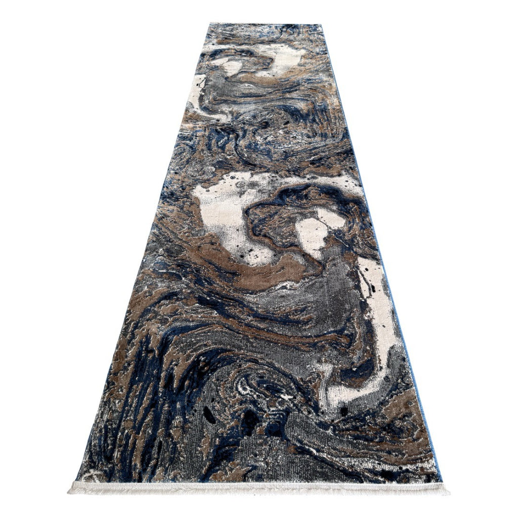 300 x 80 cm Grey, Beige & Navy Marble Flow Abstract Runner Rug
