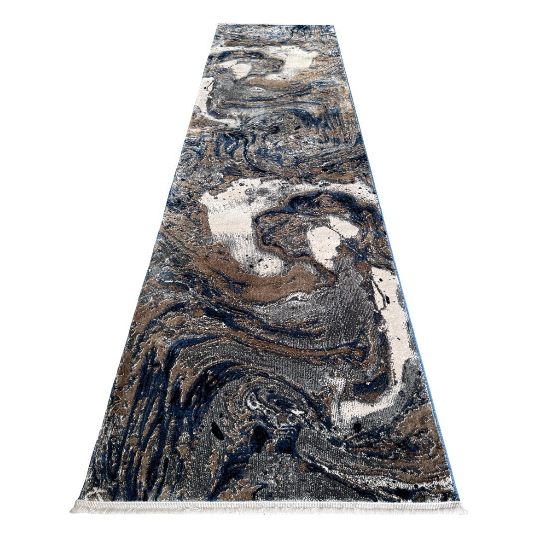 300 x 80 cm Grey, Beige & Navy Marble Flow Abstract Runner Rug