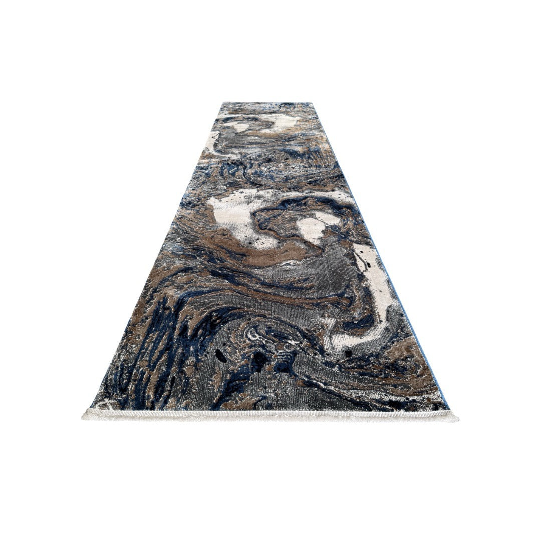 300 x 80 cm Grey, Beige & Navy Marble Flow Abstract Runner Rug