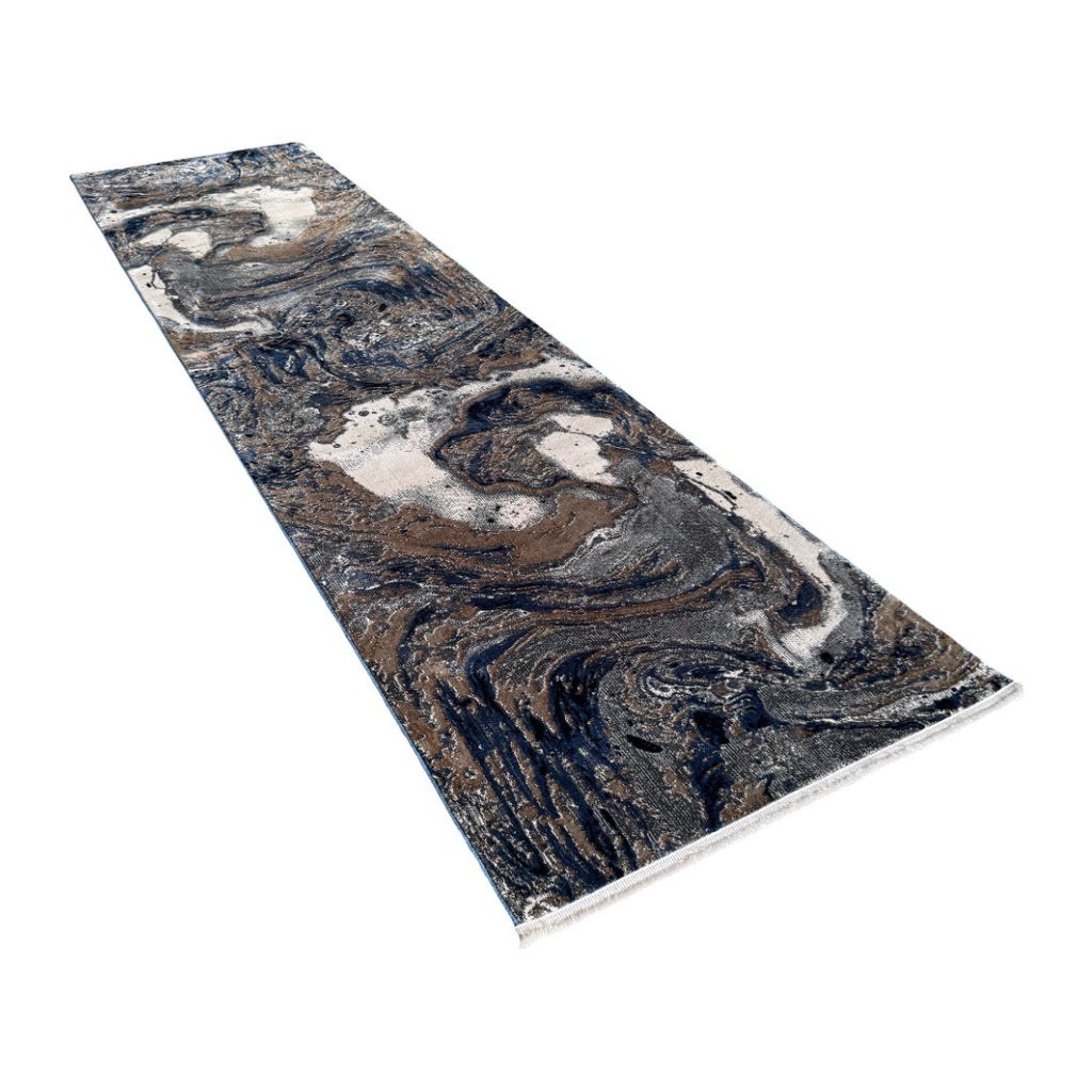 300 x 80 cm Grey, Beige & Navy Marble Flow Abstract Runner Rug