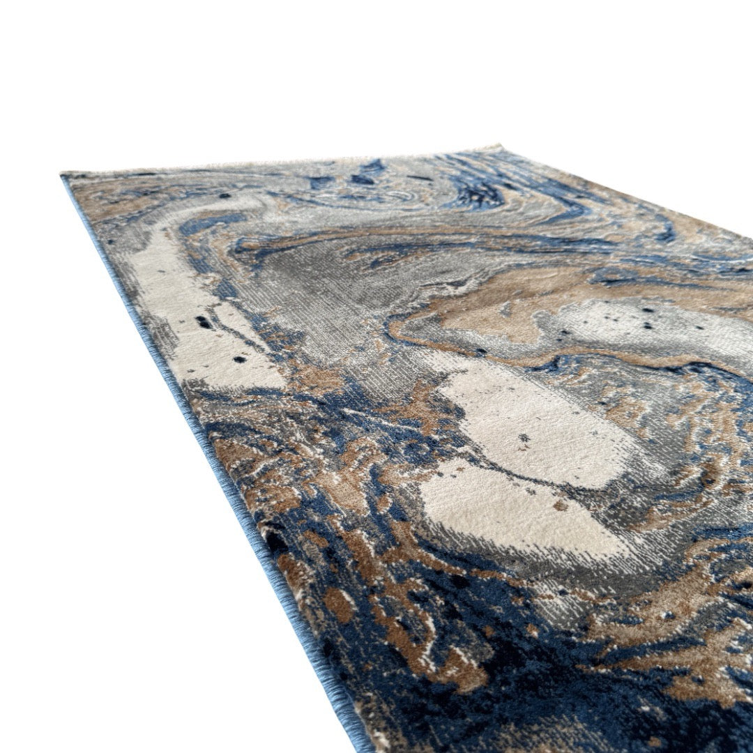 300 x 80 cm Grey, Beige & Navy Marble Flow Abstract Runner Rug