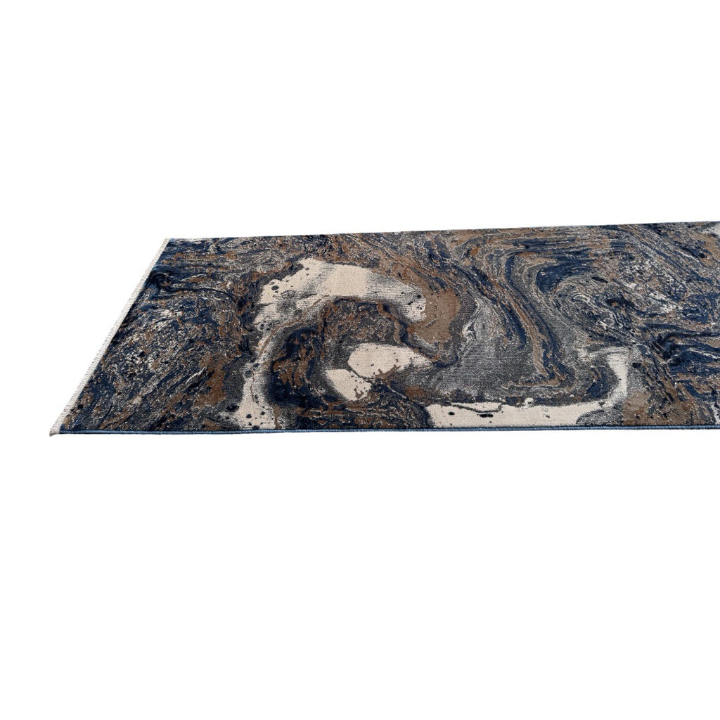 300 x 80 cm Grey, Beige & Navy Marble Flow Abstract Runner Rug