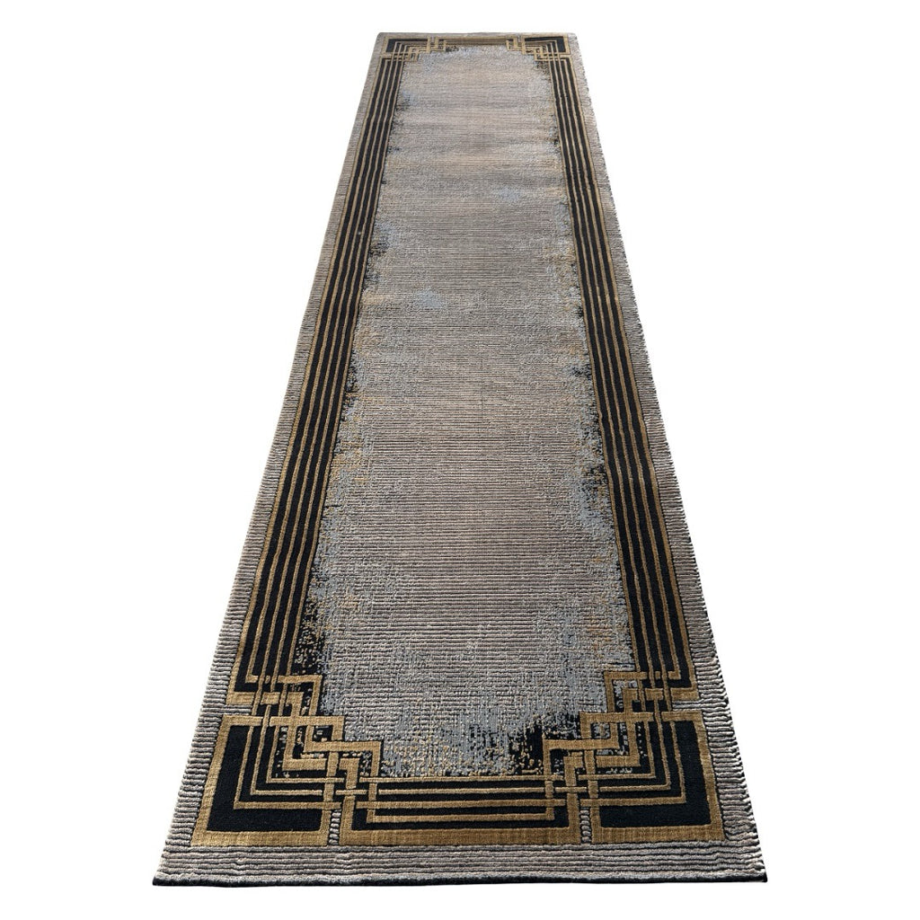 290 x 80 cm Grey & Beige Geometric Framed Border Runner Rug