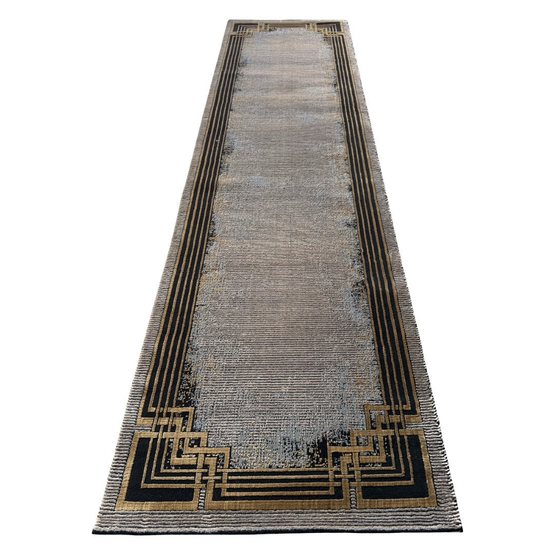 290 x 80 cm Grey & Beige Geometric Framed Border Runner Rug