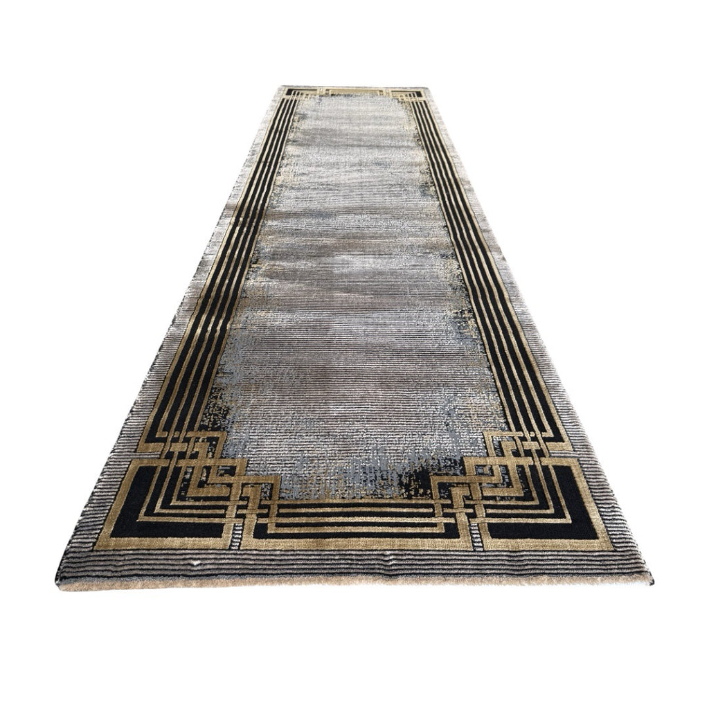 290 x 80 cm Grey & Beige Geometric Framed Border Runner Rug