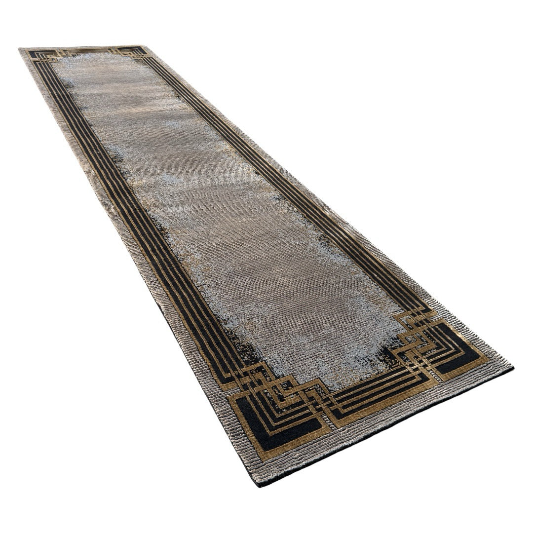 290 x 80 cm Grey & Beige Geometric Framed Border Runner Rug