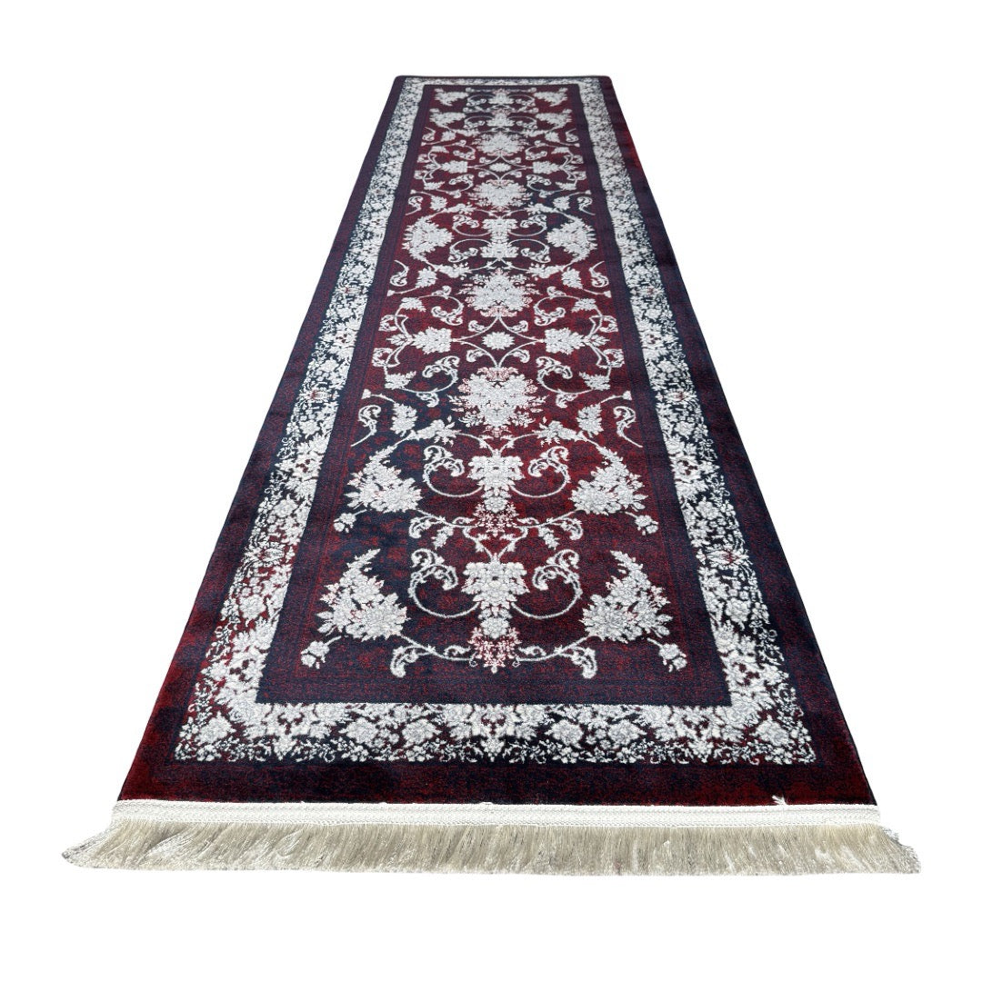 300 x 80 cm Burgundy & Ivory Ornate Floral Persian Runner Rug