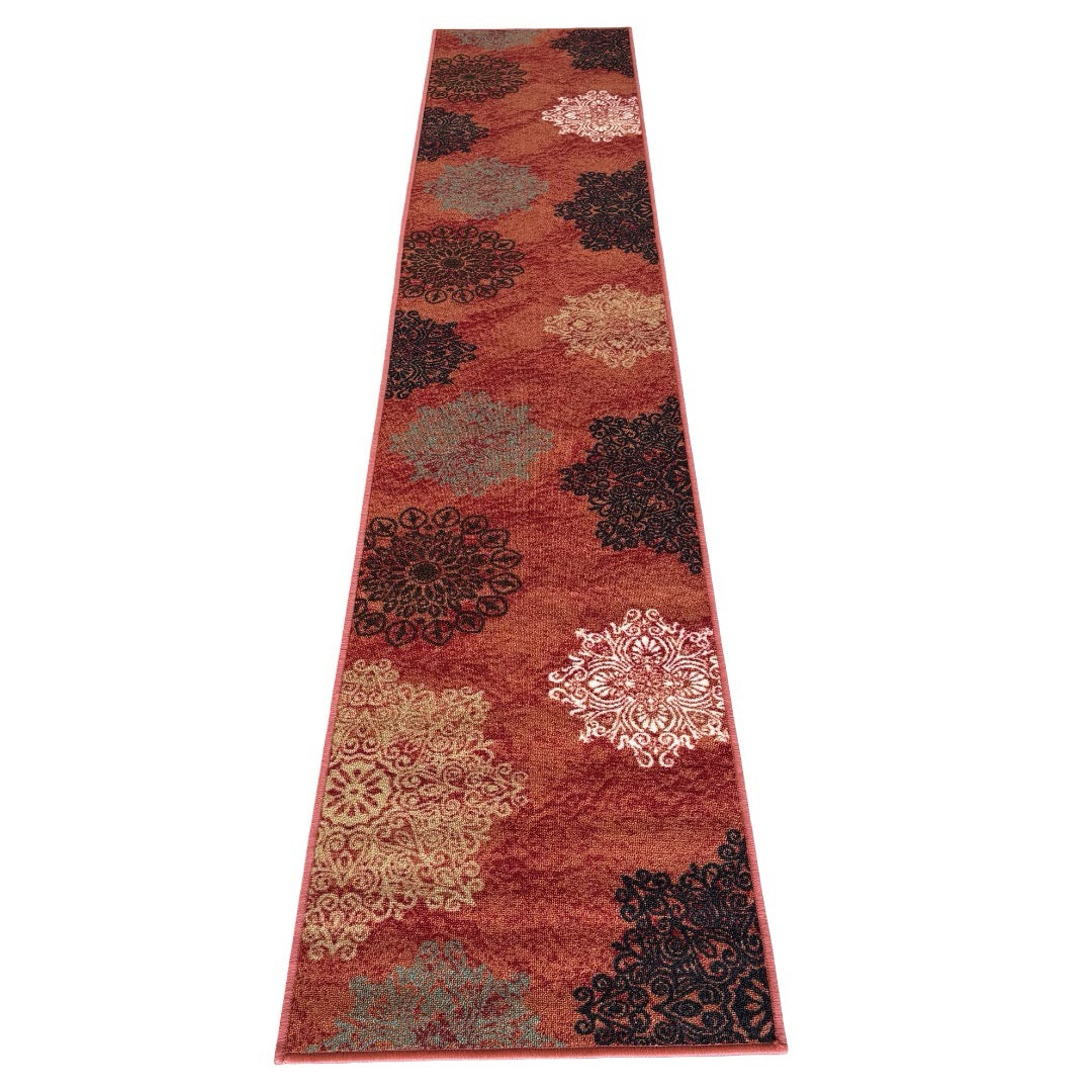 305 x 61 cm Traditional Flower Motifs in Rust Red Non-Slip Runner Rug