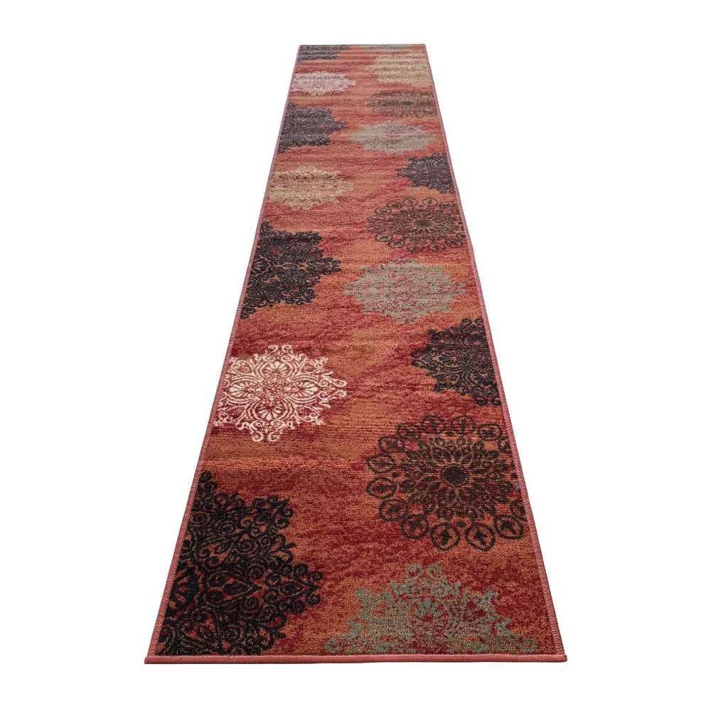 305 x 61 cm Traditional Flower Motifs in Rust Red Non-Slip Runner Rug