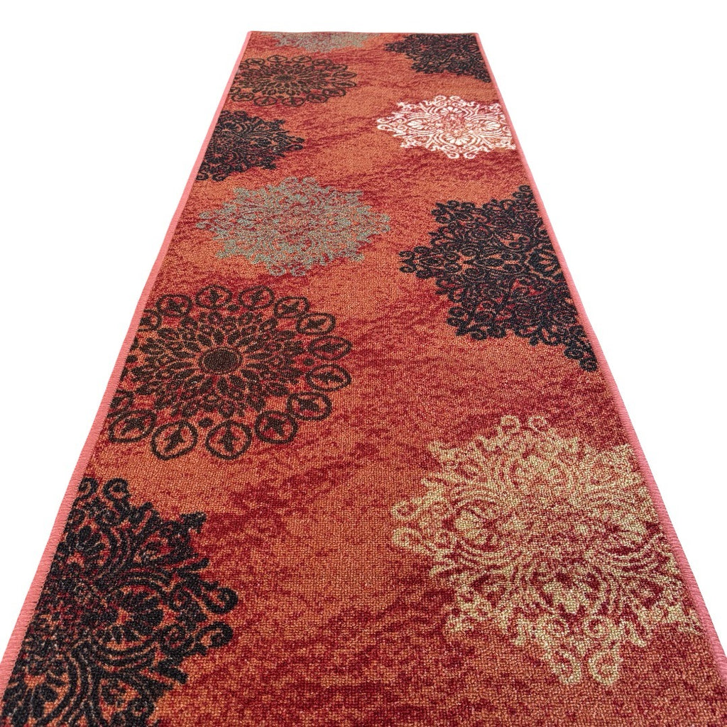 305 x 61 cm Traditional Flower Motifs in Rust Red Non-Slip Runner Rug