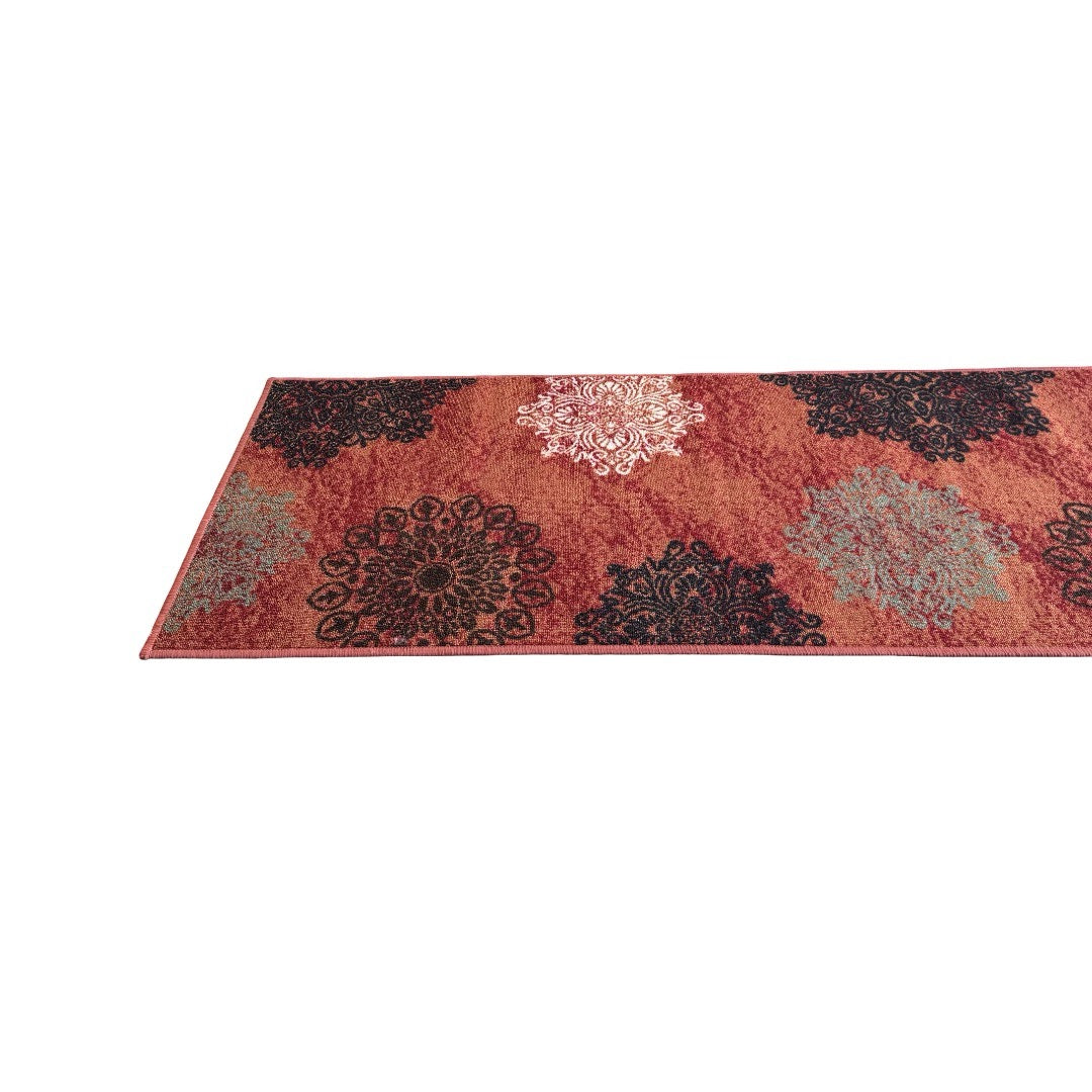 305 x 61 cm Traditional Flower Motifs in Rust Red Non-Slip Runner Rug