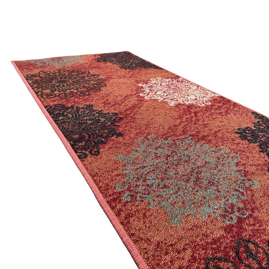 305 x 61 cm Traditional Flower Motifs in Rust Red Non-Slip Runner Rug