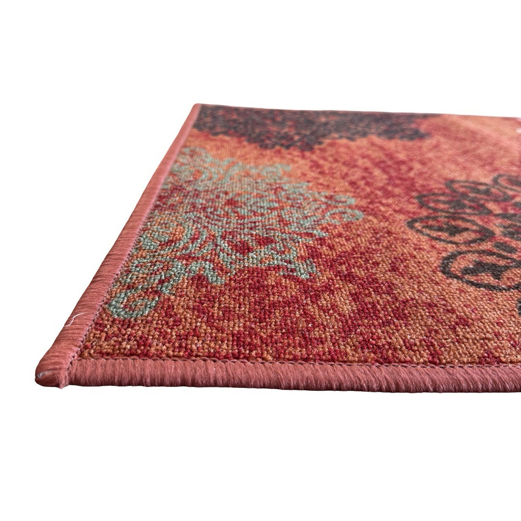 305 x 61 cm Traditional Flower Motifs in Rust Red Non-Slip Runner Rug