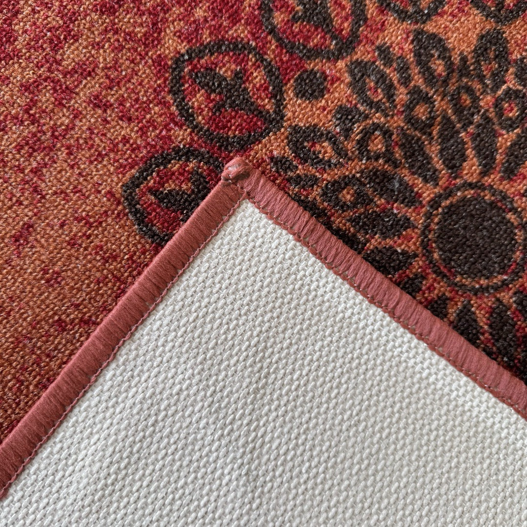 305 x 61 cm Traditional Flower Motifs in Rust Red Non-Slip Runner Rug
