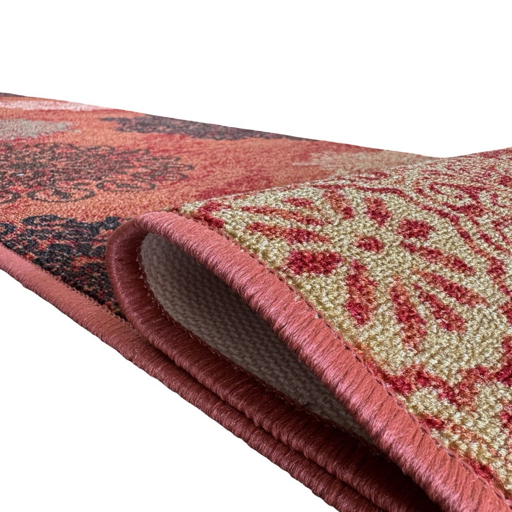 305 x 61 cm Traditional Flower Motifs in Rust Red Non-Slip Runner Rug
