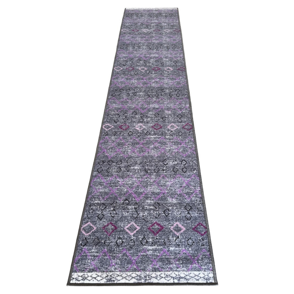 305 x 61 cm Grey & Purple Vintage Geometric Design Non-Slip Runner Rug