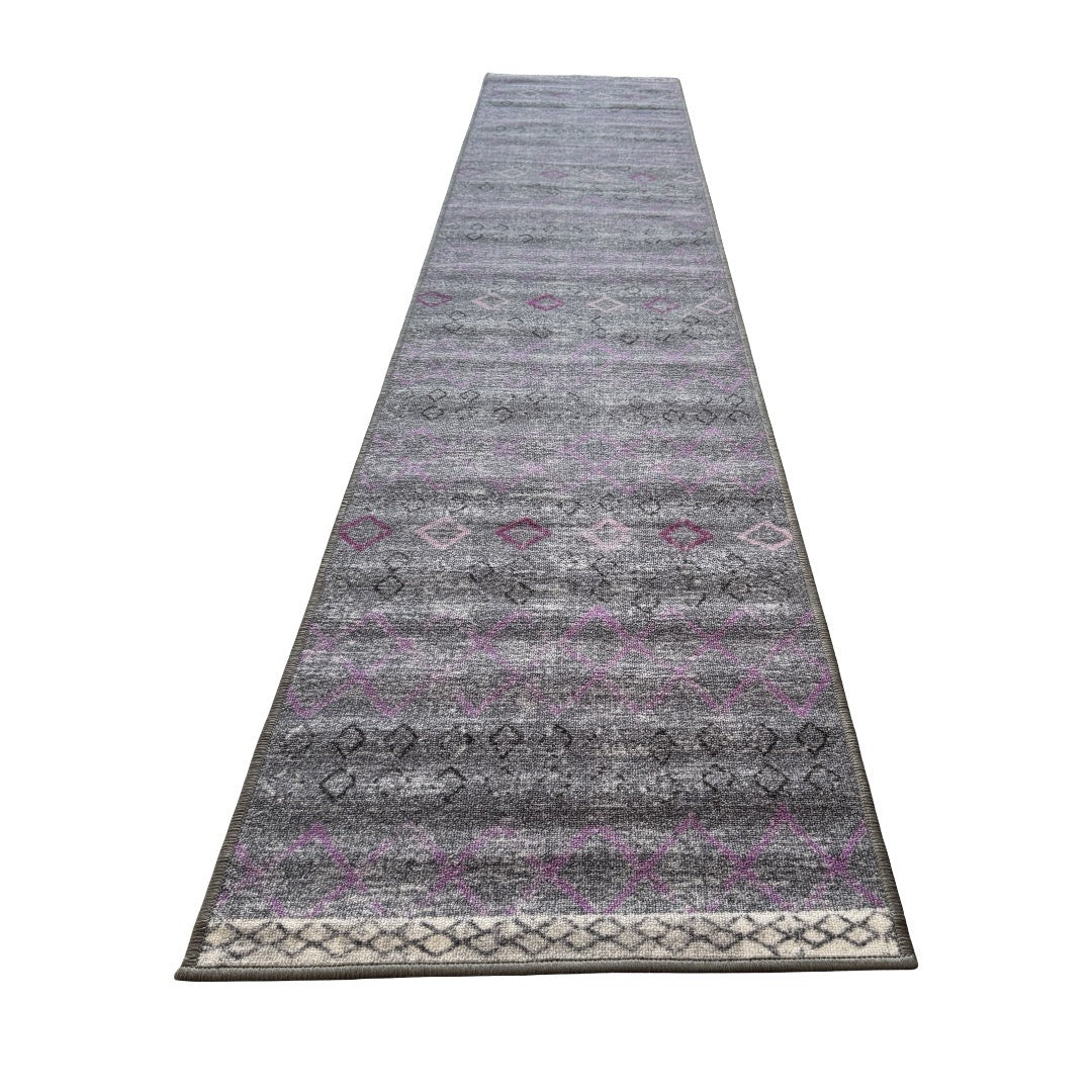 305 x 61 cm Grey & Purple Vintage Geometric Design Non-Slip Runner Rug