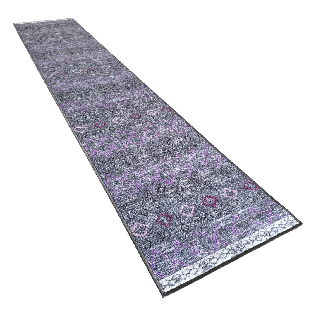 305 x 61 cm Grey & Purple Vintage Geometric Design Non-Slip Runner Rug
