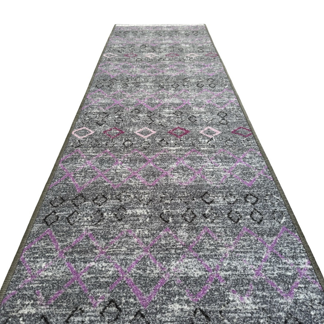 305 x 61 cm Grey & Purple Vintage Geometric Design Non-Slip Runner Rug
