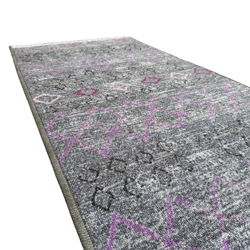 305 x 61 cm Grey & Purple Vintage Geometric Design Non-Slip Runner Rug