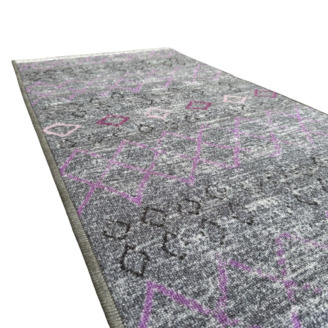 305 x 61 cm Grey & Purple Vintage Geometric Design Non-Slip Runner Rug