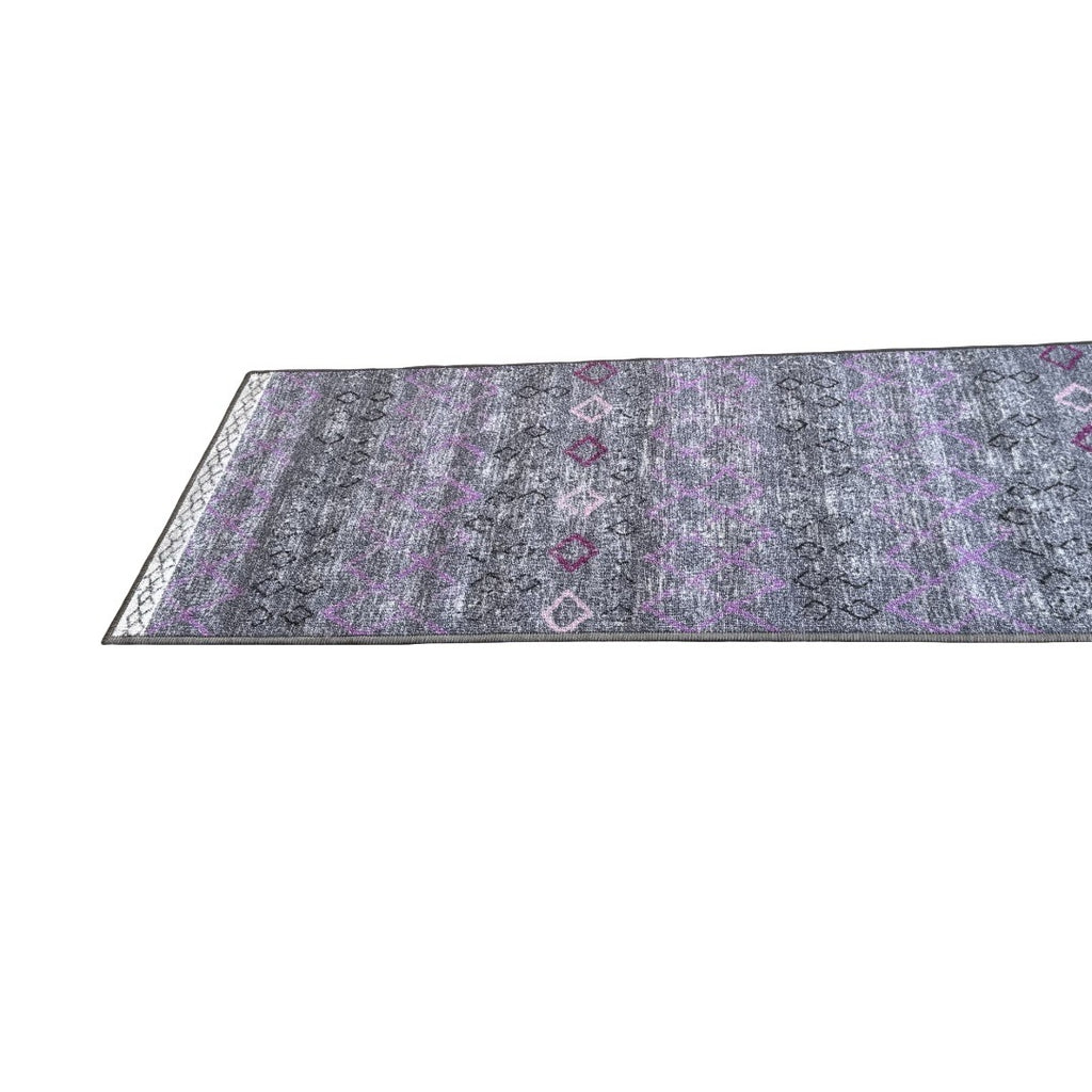 305 x 61 cm Grey & Purple Vintage Geometric Design Non-Slip Runner Rug