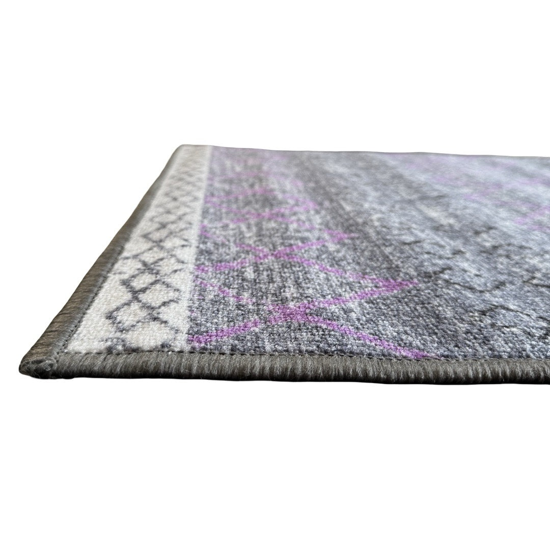 305 x 61 cm Grey & Purple Vintage Geometric Design Non-Slip Runner Rug